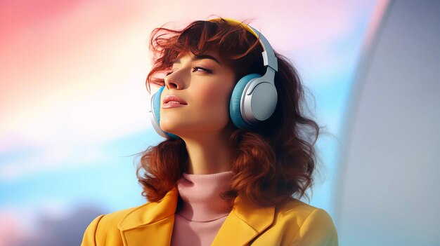 A beautiful girl in yellow clothes and headphones listens to music against a blue sky