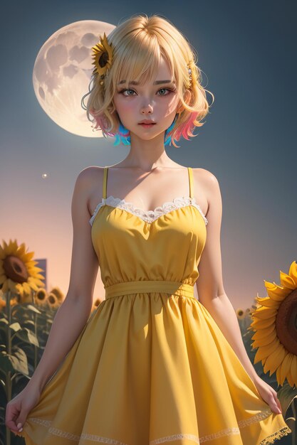 Beautiful girl in yellow dress decorated with sunflower flowers wallpaper background photography