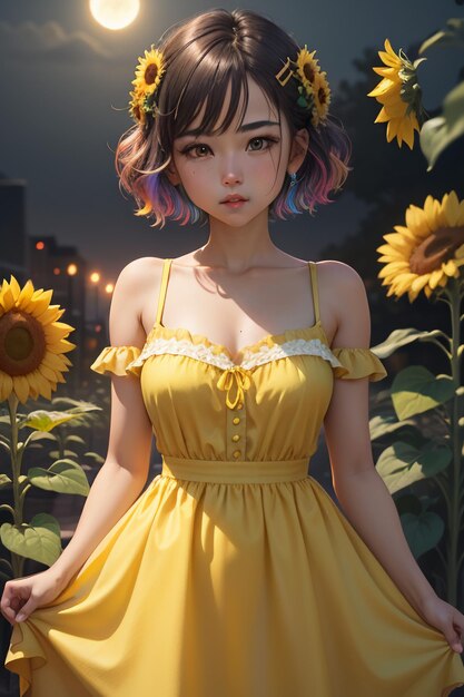 ひまわりの花の壁紙の背景写真で飾られた黄色のドレスを着た美しい女の子