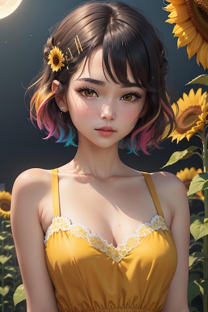 красивая девушка в желтом платье, украшенном цветами подсолнечника, обои, фоновая фотография