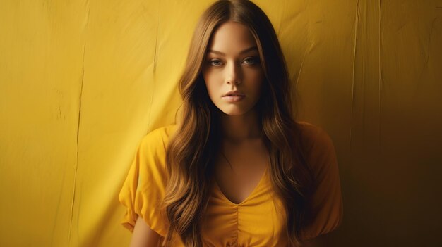 Beautiful girl in yellow dress standing in front of a textured yellow wall