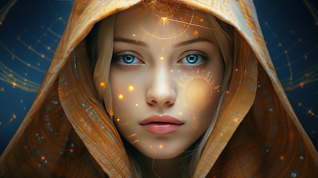 A beautiful girls face is drawn according to the fibonacci formula a beautiful golden hood with blu