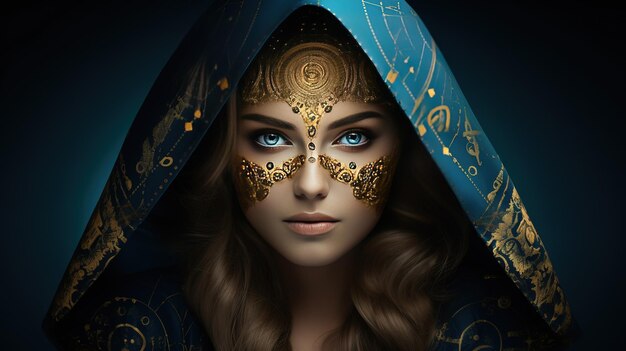 A beautiful girls face is drawn according to the fibonacci formula a beautiful golden hood with blu