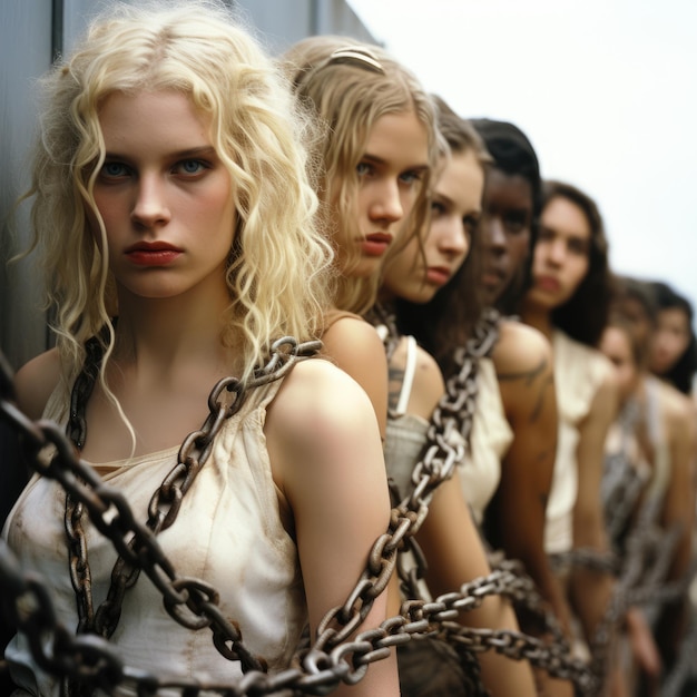 Premium Photo Beautiful Girls Hostages Captives Slaves In Shackles And Chains Work As Slaves 