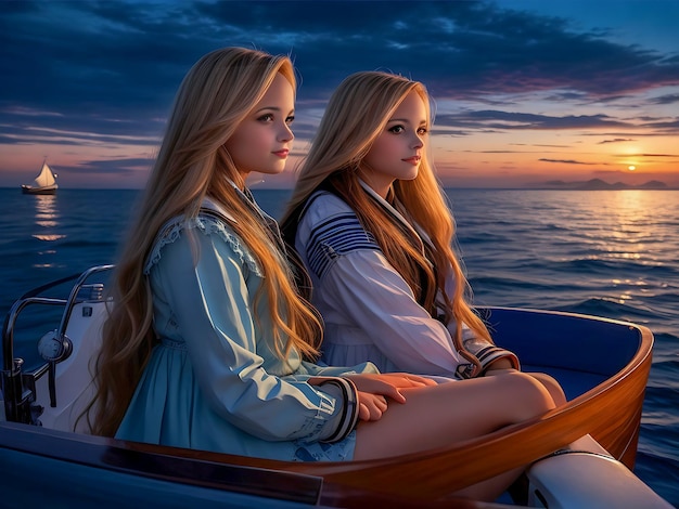 Beautiful girls on the sea at dusk sunset and sunrise stunning view