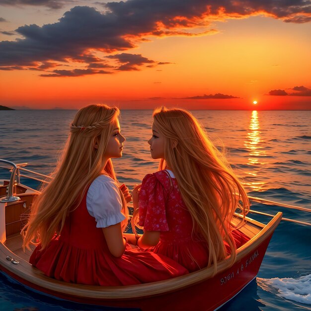 Beautiful girls on the sea at dusk sunset and sunrise stunning view