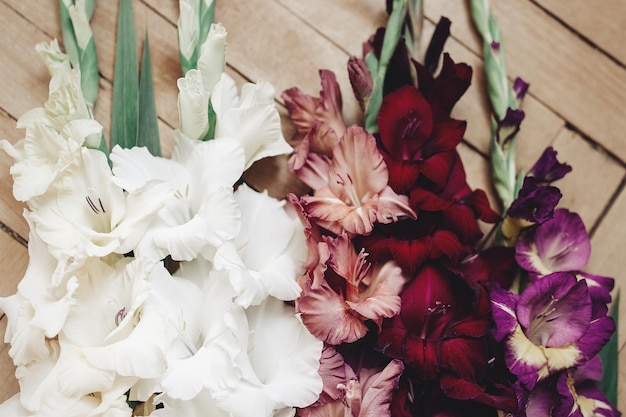 Foto il bello gladiolo nei fiori differenti di colori sulla carta da parati stupefacente di concetto di disposizione del fondo rustico di legno