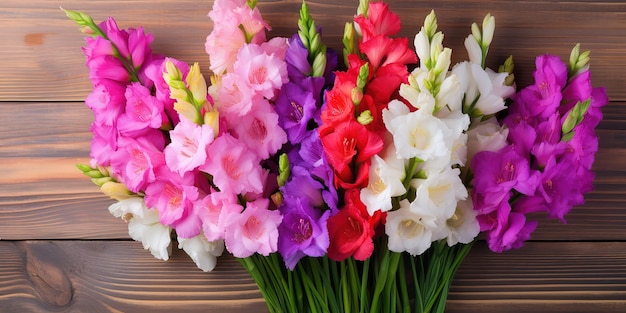 Beautiful gladiolus on a wooden background Happy grandparents day