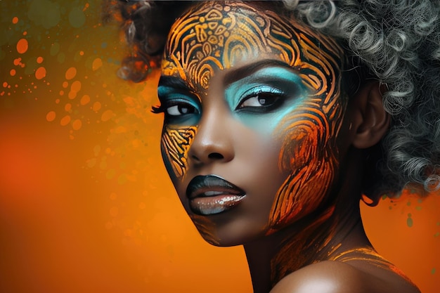 Beautiful glamour African woman with black skin body art