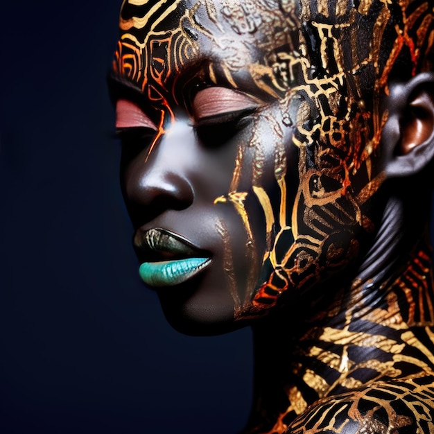 Beautiful glamour African woman with black skin body art