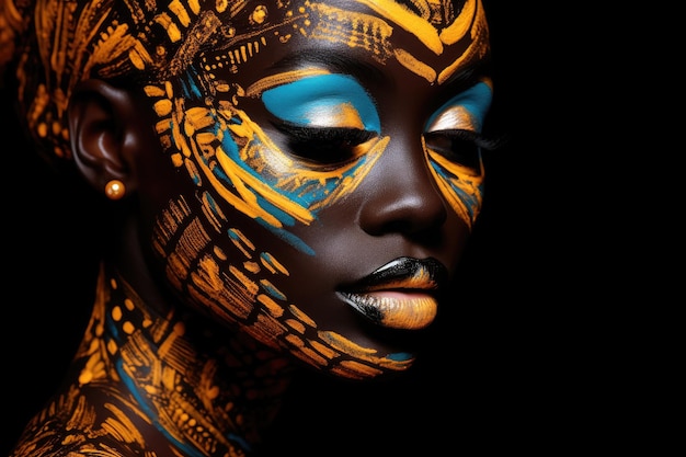 Beautiful glamour African woman with black skin body art