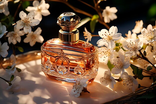 Foto bella bottiglia di profumo di vetro e fiori