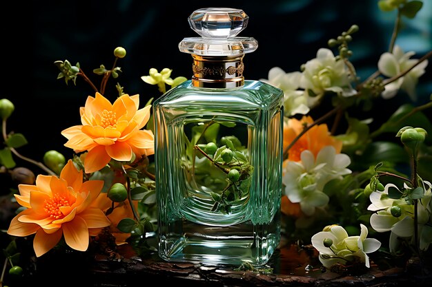 Beautiful glass perfume bottle and flowers