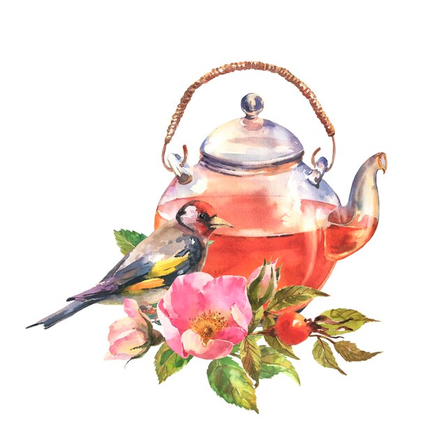 Фото Красивый стеклянный чайник с цветами собачьих роз и акварельным винтажным дизайном птицы щегол