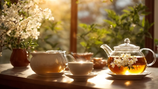 Beautiful glass teapot with tea