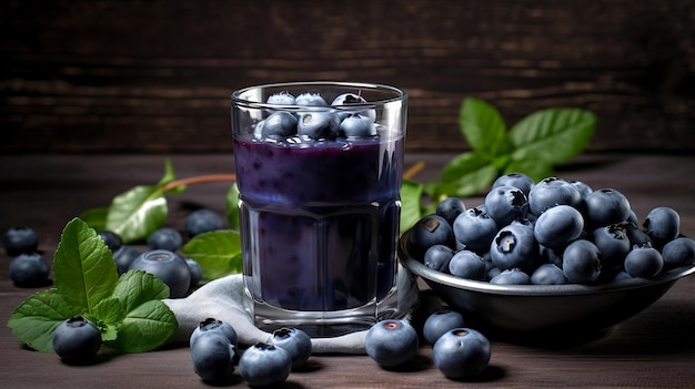 Beautiful glass with an incredible and tasty healthy blueberry juice on a rustic white wooden table