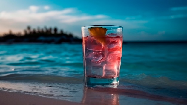 A Beautiful Glass with a Pink Cocktail and Ice Cubes Standing