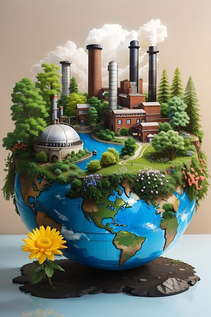 Beautiful globe of earth filled with water trees blooming plants forests and chimneys