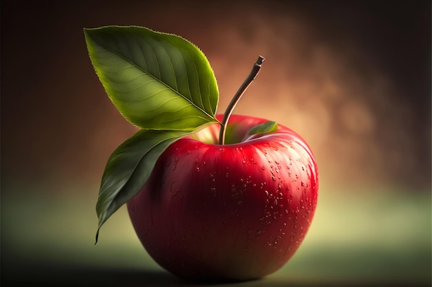 beautiful glossy apple with leaves, Generative AI