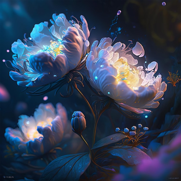 Beautiful glowing blue peony flower