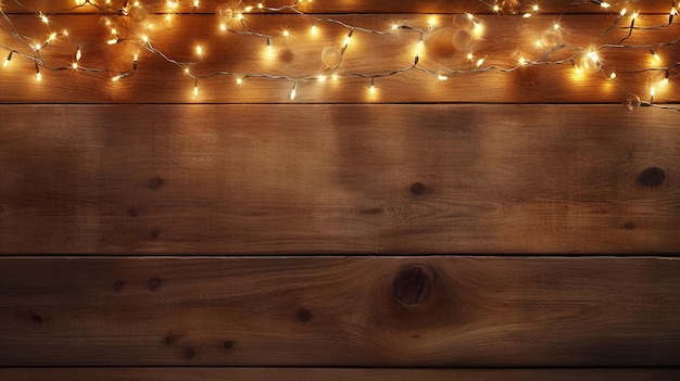 木製のテーブルの上に美しい輝くクリスマス ライト