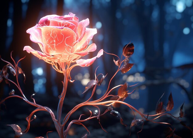 Photo beautiful glowing fiery shinning rose in dark forest