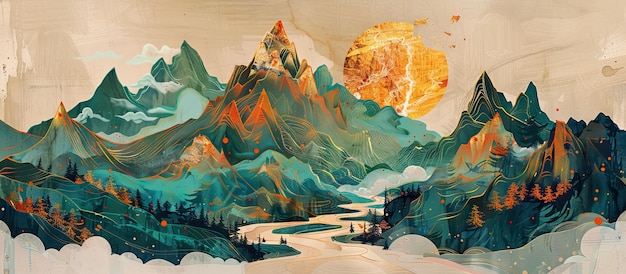 beautiful glowing mountains and moon design wallpaper ai generated illustration