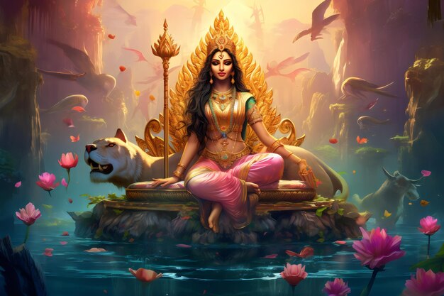 Красивая богиня Дурга, спокойный статус, цифровая иллюстрация