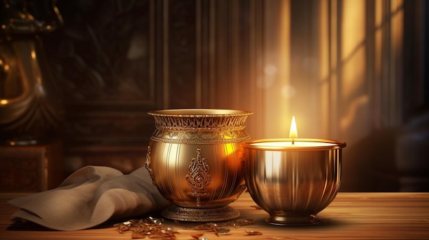 Красивая золотая свеча и свеча в золотом горшке на деревянном столе дивали реалистичные фотографии
