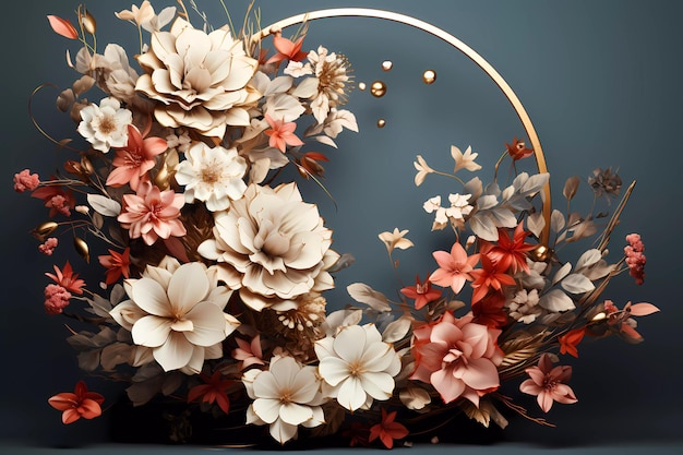 beautiful gold floral hoop decorated with flowers black background hyper realistic photography