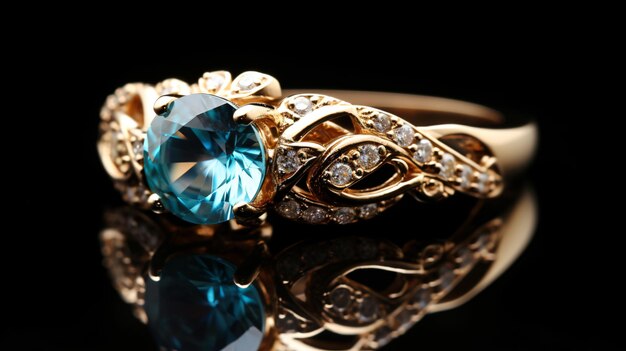 Beautiful gold ring with aquamarine and diamonds