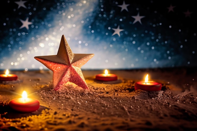 A beautiful gold star surrounded by candles in a Christmas atmosphere Space for text