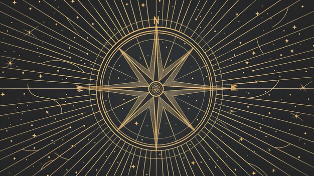 A beautiful golden compass design with a black background The compass is surrounded by a circle of stars and has a vintage handdrawn feel