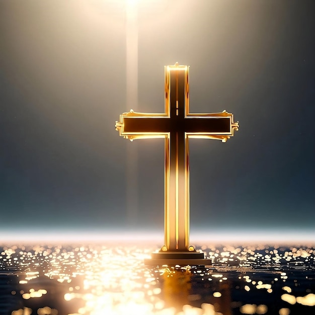 神聖な水の中の美しい金色の十字架は 希望と救いを表しています