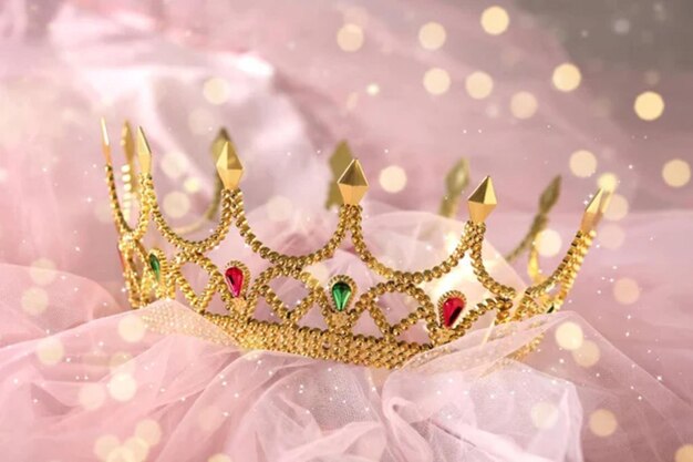 Beautiful golden crown with gems on pink cloth