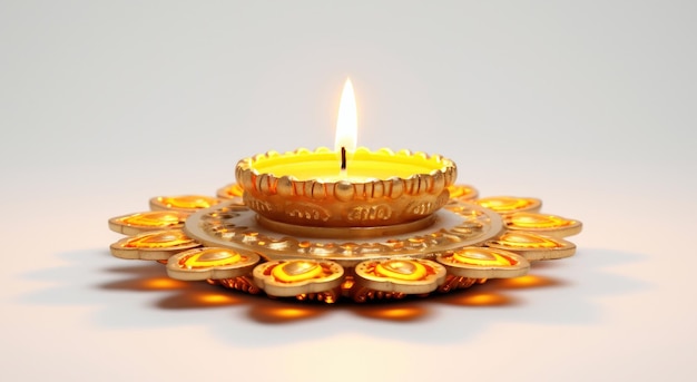 beautiful golden Diya plate on white background for diwali pooja