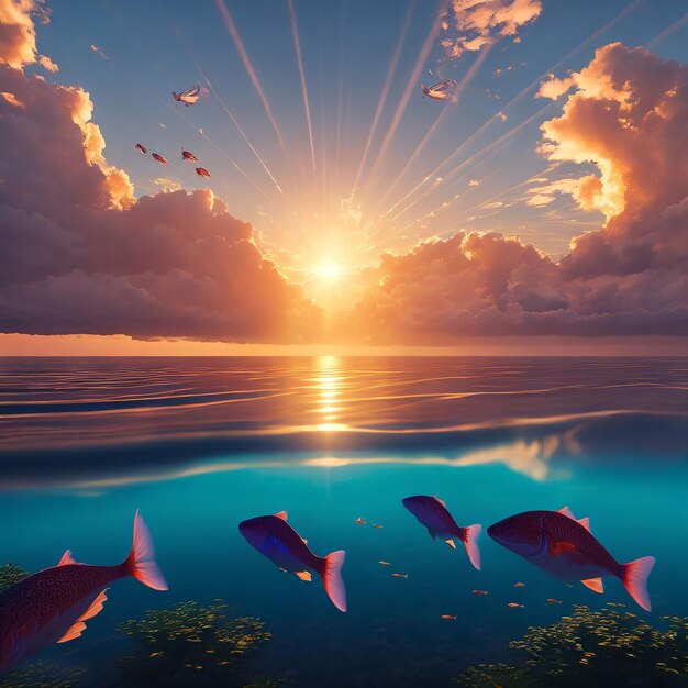 Фото Красивые золотые рыбки плавают в море и летают в небе.