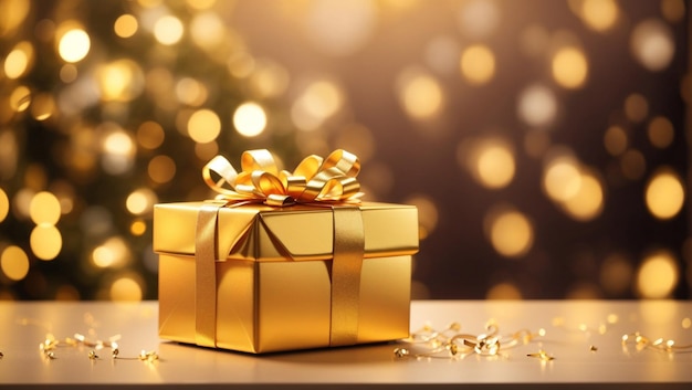 Beautiful golden gift box on the light table against blurred festive lights bokeh background