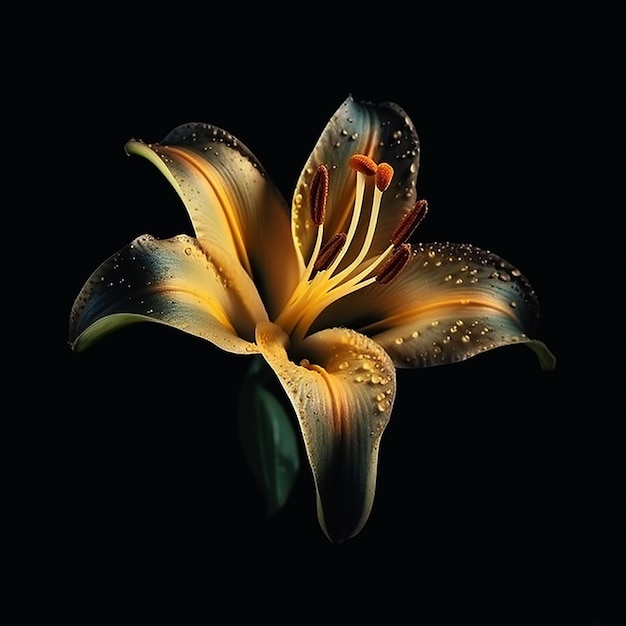 Beautiful golden lily flower isolated on black background closeup gorgeous floral background