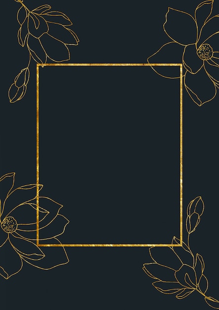 Photo beautiful golden linear flowers on black background with a frame. design for invitation and greeting card
