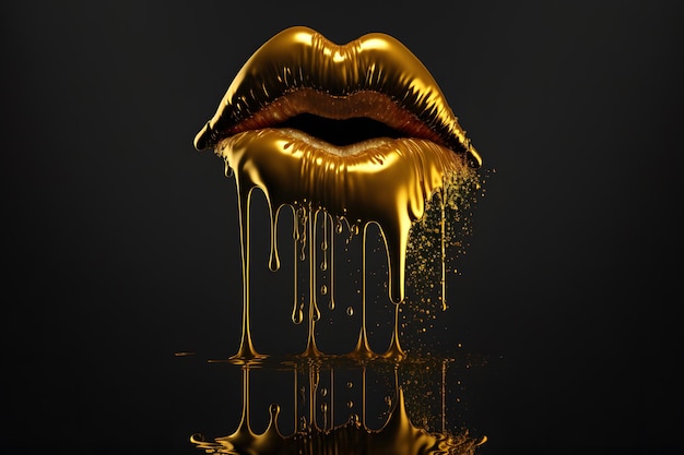 Photo beautiful golden lips gold colored lipstick perfect lips closeup on a dark background gold liquid drops 3d illustration