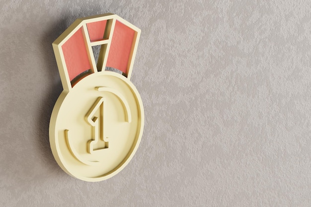 Beautiful golden medal 1 first symbol on wall bright background 3d rendering illustration Backgrou