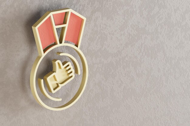 Beautiful golden medal thumbs up symbol on wall bright background 3d rendering illustration Backgr