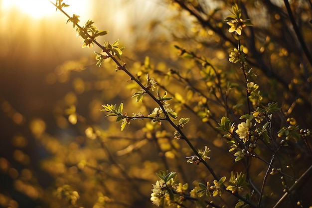 Beautiful golden morning sunrise over spring trees