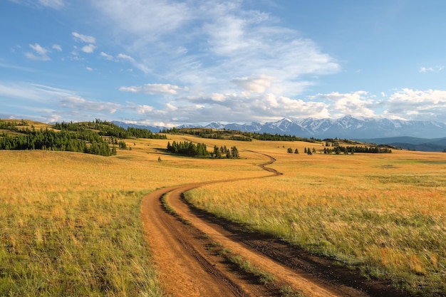 Beautiful golden mountain landscape with long dirt road through sunlit steppe to large mountains in white clouds on blue sky Length road in big mountains