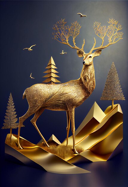 Beautiful golden nordic deer with spruce trees on mountain Generative ai illustration