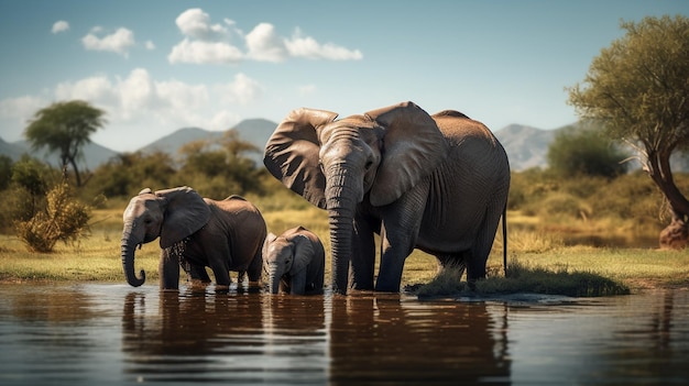 南アフリカのマディクウェ野生動物保護区の水辺で夕暮れに水を飲んでいる象の家族の美しい金色の写真