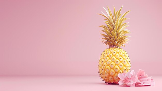 A beautiful golden pineapple with pink flowers on a pink background