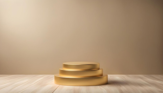 beautiful Golden product podium on wooden table on light wall background