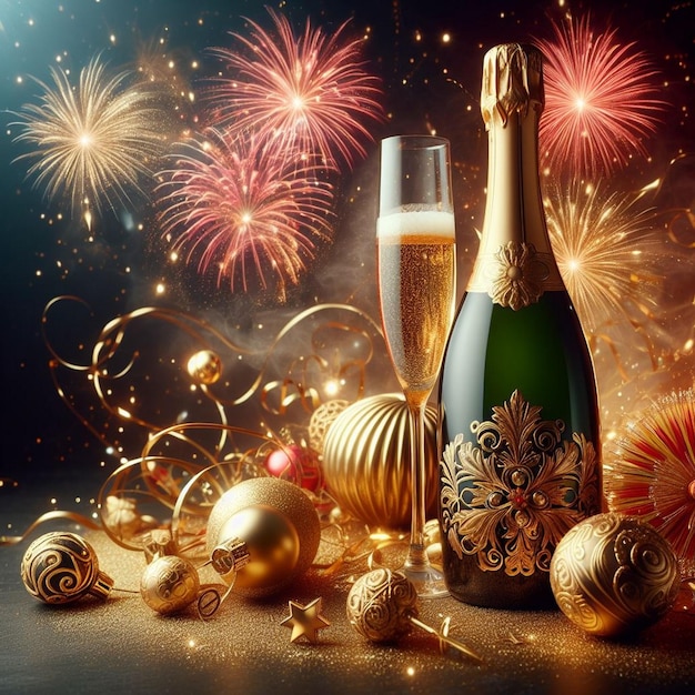 Beautiful golden and red Champagne bottle New Year celebration with champagne New Year celebration